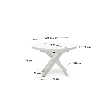 Rozkładany stół Vashti szkło hartowane, MDF i stalowe, białe nogi Ø120(160)x120cm - rozmiary