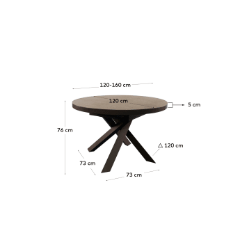 Tavolo rotondo allungabile Vashti porcellana e gambe acciaio finitura marrone Ø 120(160)cm - dimensioni