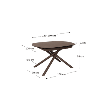 Yodalia extendable table, porcelain and steel legs with a brown finish, 130 (190) x 100 cm - sizes