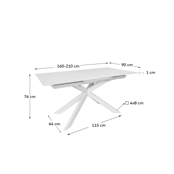 Mesa extensible Atminda cristal templado y patas de acero acabado blanco 160 (210) x 90 cm - tamaños