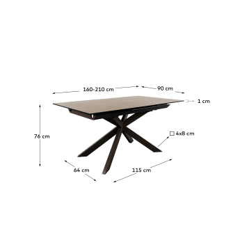 Ανοιγόμενο τραπέζι Atminda, γυαλί και ατσάλινα πόδια σε καφέ φινίρισμα, 160(210)x90εκ - μεγέθη