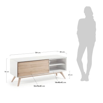 Eunice ash wood veneer and white lacquer TV stand with 1 door, 134 x 56 cm - sizes