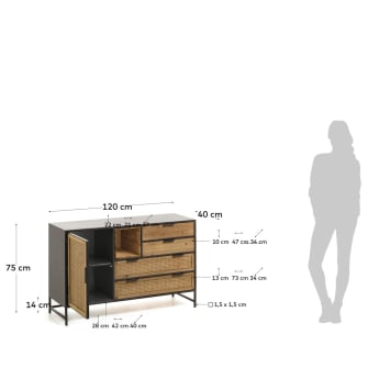 Kyoko fir tree wood & black metal sideboard w/ 1 door & 4 wicker drawers, 120 x 75 cm - sizes