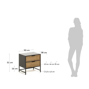 Kyoko bedside table made from solid fir wood with wicker and steel in black 50 x 51 cm - sizes
