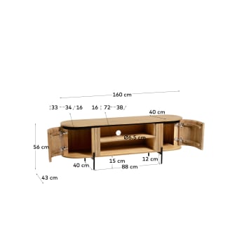 Licia solid mango wood TV stand with 2 doors and black finish metal, 160 x 56 cm - sizes