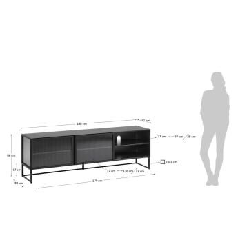 Trixie steel TV stand with 2 doors in a black painted finish, 180 x 50 cm - sizes