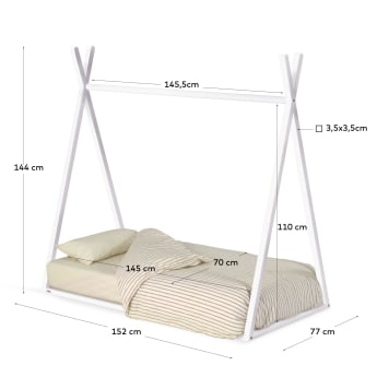 Maralis teepee bed in solid beech wood with a white finish, 70 x 140 cm - sizes