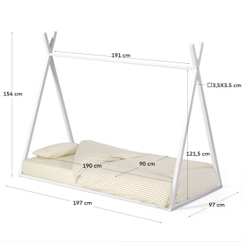 Maralis teepee bed in solid beech wood with a white finish, 90 x 190 cm - sizes