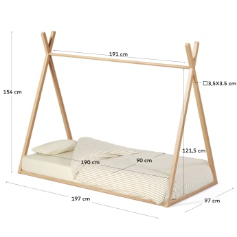 Maralis teepee bed made of solid beech wood with a natural finish, for 90 x 190 cm mattresses - sizes