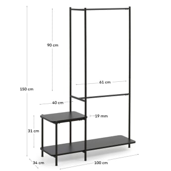 Galatia melamine and metal clothes rail with bench in black finish 100 x 150 cm - sizes