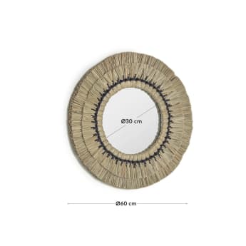 Akila round mirror made from beige natural fibres and black cotton cord, 60 cm - sizes