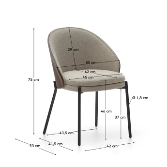 Krzesło Eamy jasnobrązowe fornir jesionowy z wykończeniem wenge i czarny metal - rozmiary