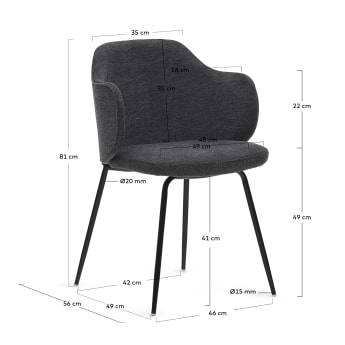 Yunia chair in dark grey with steel legs in a painted black finish - sizes