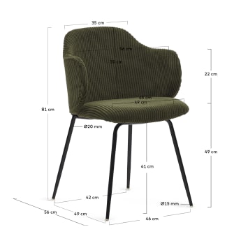 Yunia chair in thick seam green corduroy with steel legs in a painted black finish - sizes