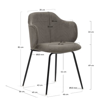 Yunia chair in grey corduroy with steel legs in a painted black finish - sizes