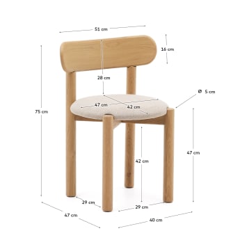 Cadeira Nebai chenille bege estrutura madeira maciça carvalho acabamento natural FSC MIX Credit - tamanhos