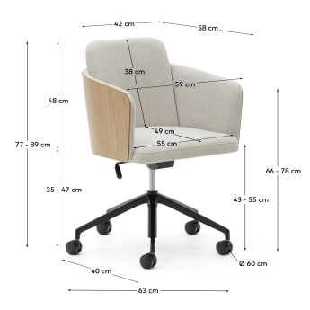 Madai desk chair in beige chenille and ash veneer with natural finish - sizes