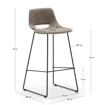 Zahara bar stool in brown with steel legs in black finish, height 79 cm - sizes