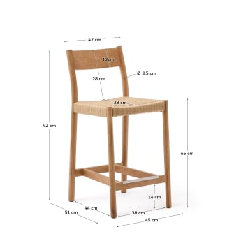 Wysokie krzesło Yalia z oparciem z litego drewna dębowego z naturalnym wykończeniem i siedziskiem z liny 65 cm FSC 100% - rozmiary