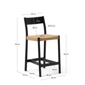 Yalia stool with a backrest in solid oak wood in a black finish, and rope cord seat, 65 cm 100% FSC - sizes
