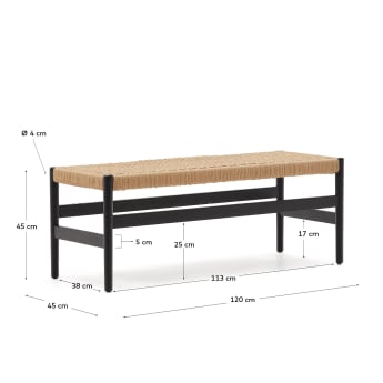 Zaide bench made of solid oak wood in a black finish and rope cord seat, 120 cm, 100% FSC - sizes