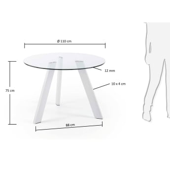 Στρογγυλό τραπέζι Carib, γυαλί και λευκά ατσάλινα πόδια, Ø 110 εκ - μεγέθη