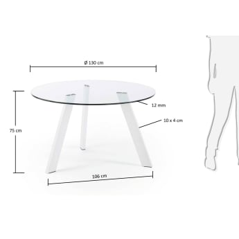 Στρογγυλό τραπέζι Carib, γυαλί και λευκά ατσάλινα πόδια, Ø 130 εκ - μεγέθη