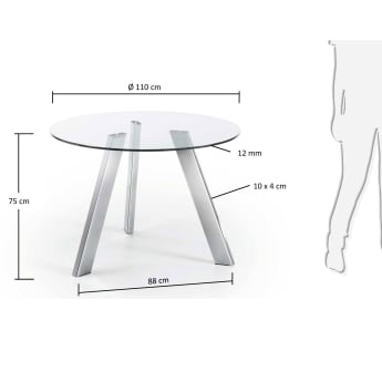 Carib round glass table with steel legs with chrome finish Ø 110 cm - sizes