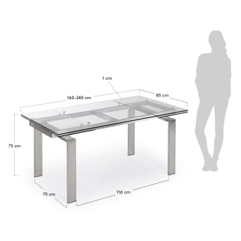 Ανοιγόμενο τραπέζι Nara, γυαλί και δομή από ανοξείδωτο ατσάλι, 160 (240) x 85 εκ - μεγέθη