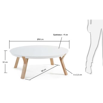 Table basse Dilos en frêne massif et laqué blanc  Ø 90 cm - dimensions