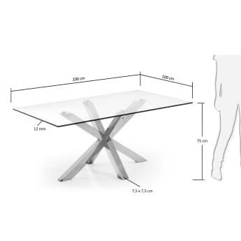 Τραπέζι Argo, γυαλί και πόδια από ανοξείδωτο ατσάλι, 200 x 100 εκ - μεγέθη