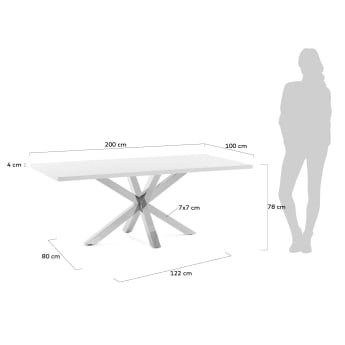 Table Argo 200 cm mélamine blanc et pieds en acier inoxydable - dimensions