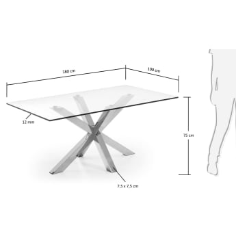 Table Argo en verre et pieds en acier inoxydable 180 x 100 cm - dimensions