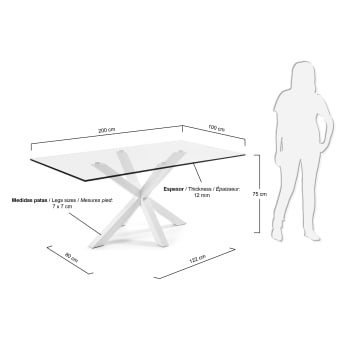 Table Argo en verre et pieds en acier finition blanche 200 x 100 cm - dimensions