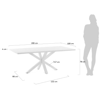 Table Argo 200 x 100 cm mélamine blanc et pieds blanc - dimensions
