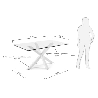 Τραπέζι Argo, γυαλί και λευκά ατσάλινα πόδια, 180 x 100 εκ - μεγέθη