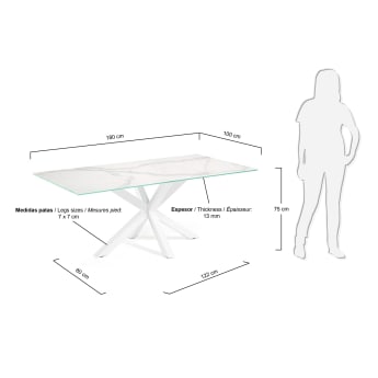 Table Argo 180 cm grès cérame et pieds en acier finition blanche - dimensions