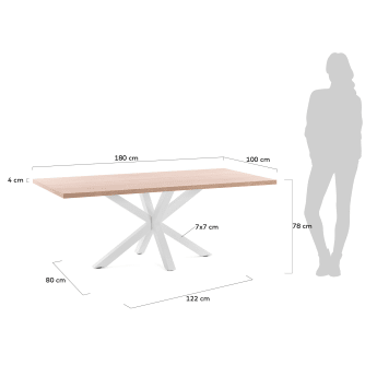 Table Argo 180 x 100 cm mélamine naturelle et pieds en acier blanc - dimensions