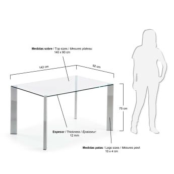 Τραπέζι Spot, γυαλί και ατσάλινα πόδια σε χρωμίο, 142 x 92 εκ - μεγέθη
