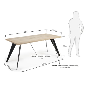 Koda oak veneer table with a whitewashed finish and black steel legs, 160 x 90 cm - sizes