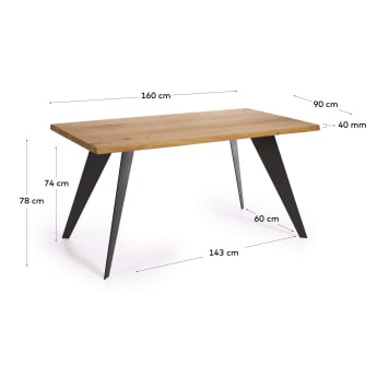 Τραπέζι Koda, δρύινος καπλαμάς σε φυσικό φινίρισμα και μαύρα ατσάλινα πόδια, 160x90εκ - μεγέθη