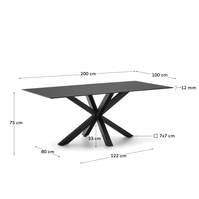 Tavolo Argo in vetro nero con gambe in acciaio finitura nera 200 x 100 cm