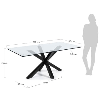 Table Argo en verre et pieds en acier finition noire 200 x 100 cm - dimensions