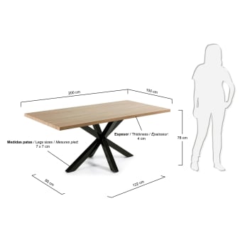 Table Argo 200 x 100 cm en mélamine naturelle et pieds en acier noir - dimensions