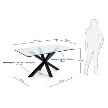 Argo glass table with steel legs with black finish 180 x 100 cm - sizes