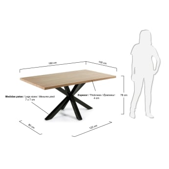 Table Argo 180 x 100 cm en mélamine naturelle et pieds en acier noir - dimensions