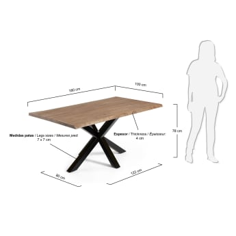 Argo oak veneer table with a distressed finish and black steel legs, 180 x 100 cm - sizes