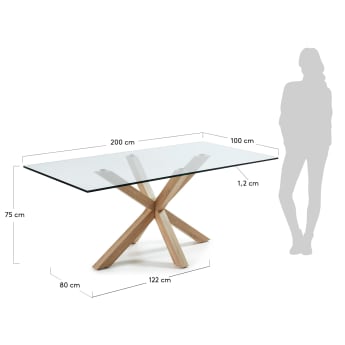 Table Argo en verre et pieds en acier effet bois  200 x 100 cm - dimensions