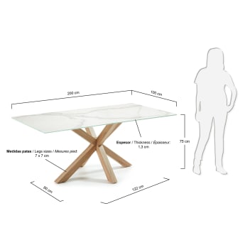 Table Argo en grès cérame blanc et pieds en acier effet bois 200 x 100 cm - dimensions