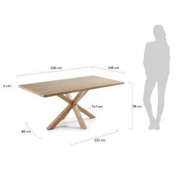 Table Argo 200 x 100 cm mélamine naturelle et pieds en acier effet bois - dimensions